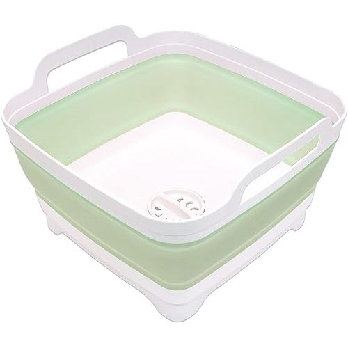 2.4 Gal(9L) Collapsible Dish Basin with Drain Plug, Space Saving Outdoor Multiuse Foldable Sink Tub, Dishpan, Kitchen Storage Tray for Camping, Vegetable Washing, RV (Green)