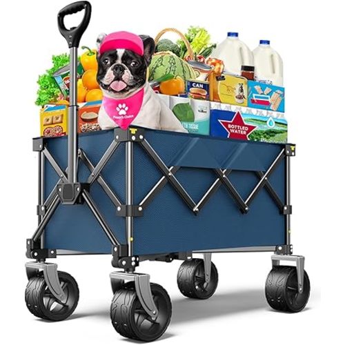 Beach Wagon,Collapsible Wagon 220lbs with Big Wheels Foldable Wagon Carts,Portable Utility for Garden Grocery Sports Camping All Terrain-Blue