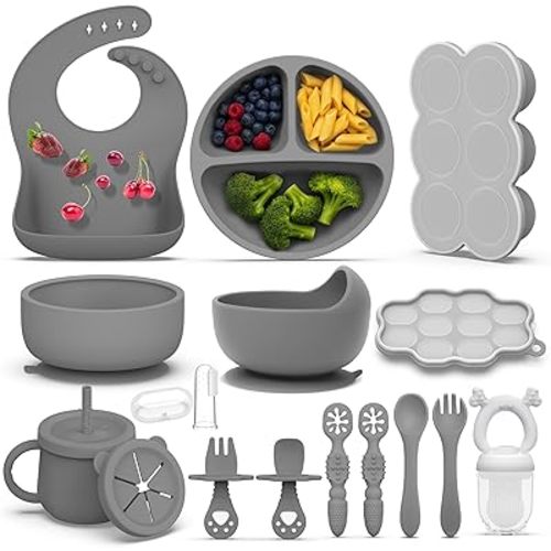 16 Pack Silicone Baby Feeding Set, BPA-Free Toddler Feeding Supplies, Include Suction Plates, Baby Bowls, Silicone Fork & Spoon, and More, First Stage Baby Dish Set - 6+ Months(Grey)