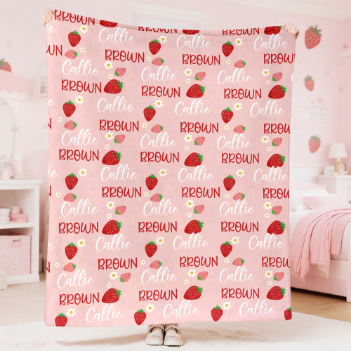 Personalized Flower Strawberry Peach Cherry Pink Soft Throw Blanket with Name Home Decor Birthday Christmas Gift for Girls - CALLIE