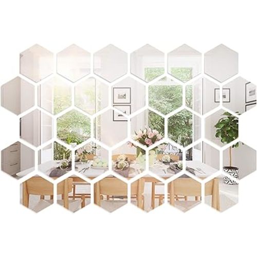 Shappy 32 Pcs Hexagon Mirror Wall Stickers Removable Silver Acrylic Mirror Stickers Honeycomb Decals for DIY Home Art Bedroom Living Room Wall Decoration(10 x 8.6 x 5 cm)