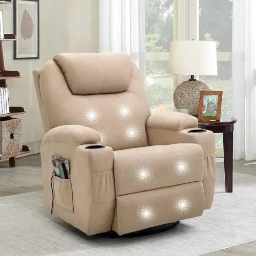 Flamaker Rocking Chair Recliner Chair with Massage and Heating Swivel Ergonomic Lounge Chair Classic Single Sofa with 2 Cup Holders Side Pockets Living Room Chair Home Theater Seat (Beige)
