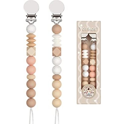 Yolnkos Pacifier Clips for Baby Boys Girls Leash Holder 2-Pack(Oatmeal.Peach)