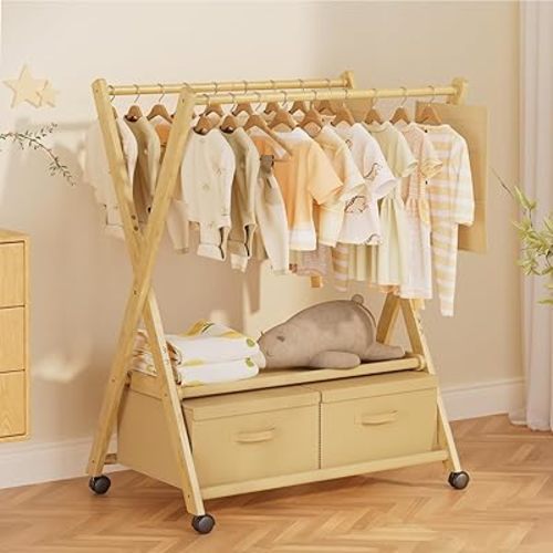 Amazer Kids Clothing Rack with Storage Boxs, Bamboo Baby Clothing Rack Organizer, Small Garment Stand, Rolling Kids Wardrobe, Toddler Dress up Storage, Portable Coat Rack for Toddlers Bedroom Laundry