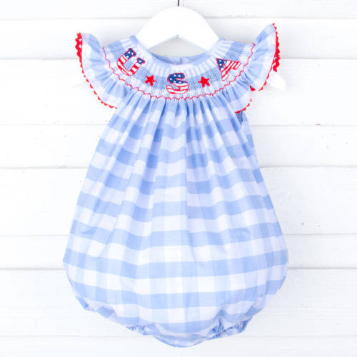 USA Smocked Blue Check Angel Sleeve Bubble