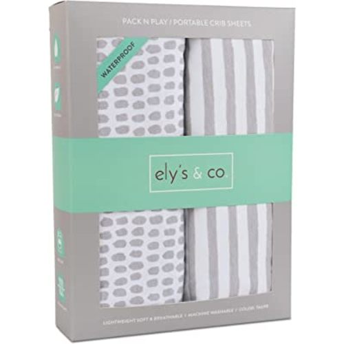 Ely's & Co. Patent Pending Waterproof Pack N Play | Mini Portable Crib Sheet with Mattress Pad Cover Protection I Neutral Taupe Grey Baby Girl and Boy
