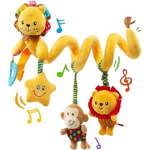 Jollybaby Crib Stroller Car Seat Toys for Baby 0-3-6-9-12 Months, Tummy Time Hanging Sensory Toys for Newborn with Music Box and Teether, Spiral Carseat Toy for Baby Boys Girls Gifts (07-Little Lion)