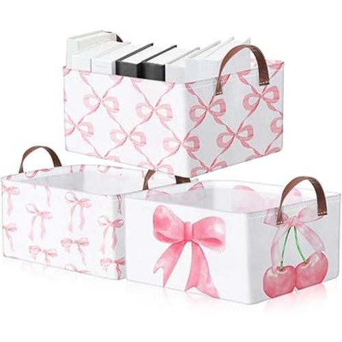 Boao 3 Pcs Coquette Pink Bow Storage Bin Collapsible Large Storage Baskets for Gifts Empty Candy Holiday Decor Canvas Laundry Basket Foldable Box with Handle for Office Home Bedroom Clothes