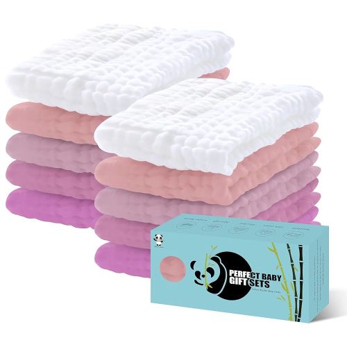 HIPHOP PANDA 10 Pack 6-Layers Muslin Burp Cloths Large - Durable 100% Cotton - Extra Absorbent and Soft Boys & Girls Rags for Newborn Registry (White+Sakura Series, 20" X10")