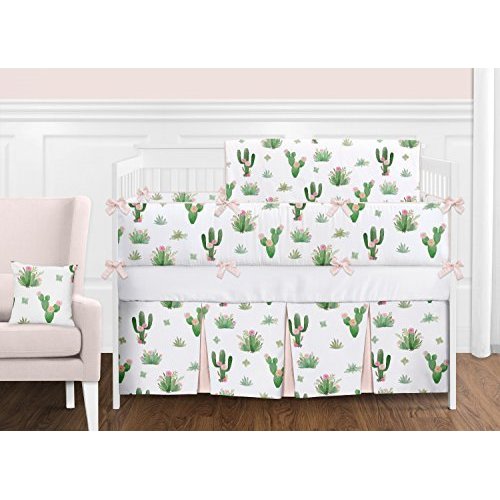 Pink and Green Boho Watercolor Cactus Floral Baby Girl Crib Bedding Set with Bumper by Sweet Jojo Designs - 9 pieces
