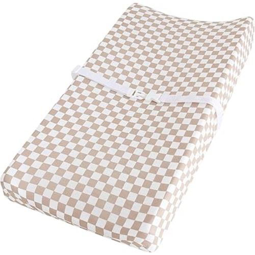 LifeTree Diaper Changing Pad Cover for Boys Girls - Soft Muslin Fitted Changing Table Sheets - 16"x32" Viscose from Bamboo Cotton Blend - Tan Checkered Print