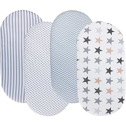 Bassinet Sheets for Baby Boy and Girl, Stretchy Breathable Fitted Sheet Universal for Bassinet Cradle Hourglass Oval Rectangle Pad/Mattress, 4 Pack Stripe Star Cloud and Arrow Printing