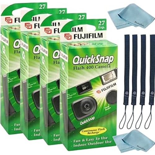 Fujifilm QuickSnap Flash 400 Disposable 35mm Camera • 4 Pack • 4 Hand Straps • 2 BluebirdSales Microfiber Cloth, Green, 7033661