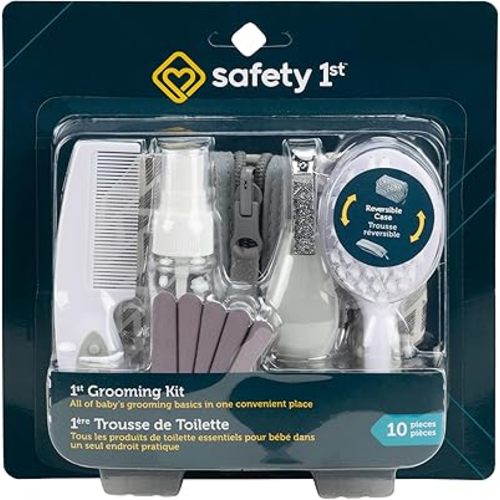 Safety 1st Baby Grooming Kit – Reversible Zippered Case with Brush, Comb, Nail Clippers & Emery Boards – BPA-Free Essentials for Newborns & Toddlers - Grey