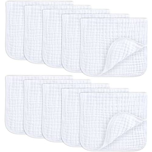 Comfy Cubs Muslin Burp Cloths 20" x 10", Pack of 10 - Large, 6-Layer, Ultra Absorbent 100% Cotton for Baby Drool and Messes - Soft, Safe & Gentle Baby Burp Cloths for Boys & Girls - White