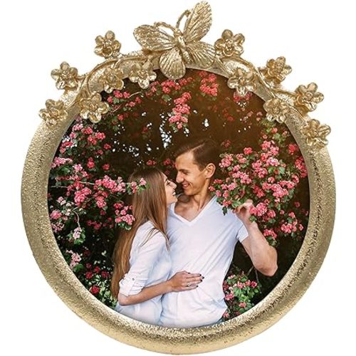 Circular Butterfly & Floral Photo Frame / 4x4 In | For Tabletop Display | Perfect for Home Decor, Wedding, Graduation, Or Milestone Photos (Gold)