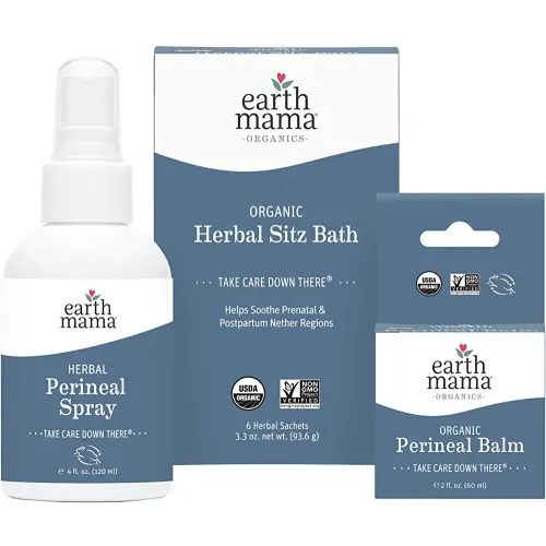 Earth Mama Postpartum Recovery Kit, Take Care Down There® Trifecta with Organic Perineal Balm, Sitz Bath & Herbal Peri Spray, 3-Piece Set