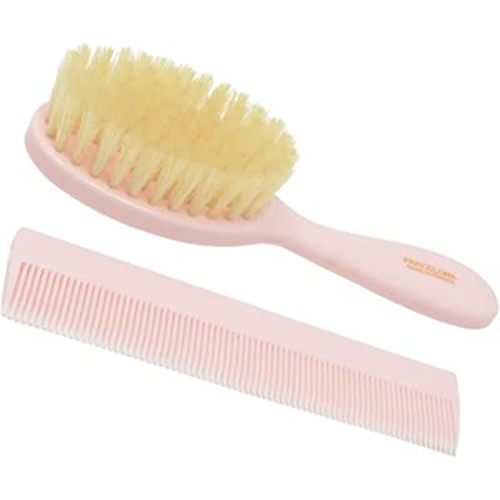 Parcelona French Grooming Combo Light Pink 6" Celluloid Soft Natural Silk Bristles Baby Brush and Comb for Girls and Toddlers Styling Girls Hair Accessories