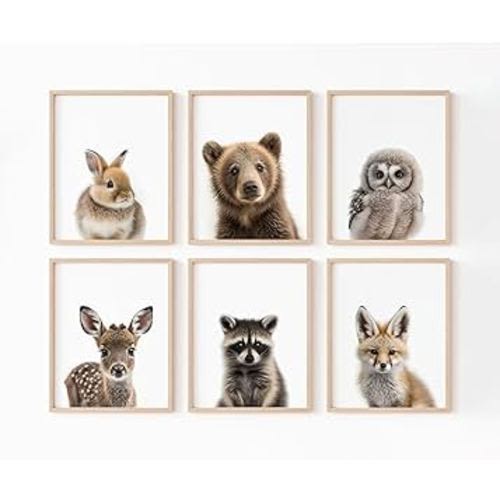 Nursery Animal Wall Art Pictures Baby Safari Canvas Wall Decor Jungle Woodland Wall Art Cute Animal Prints Paintings Nursery Kids Posters for Boys Girls Room Bedroom 8x10 Inch Unframed Set of 6