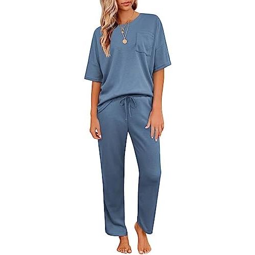 JiniGolla Womens Pajama Sets Waffle Knit Short Sleeve Shirt with Long Pajama Pants Soft Sleepwear Pj Lounge Sets
