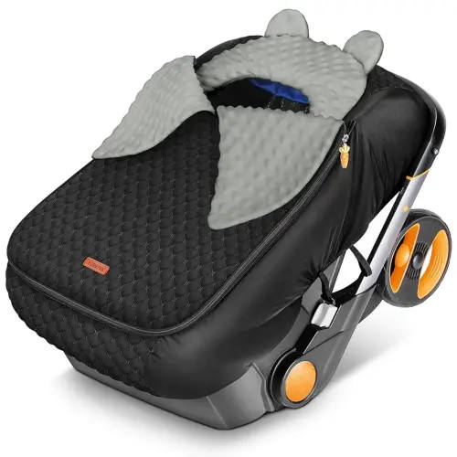 YOREPEK Winter Carseat Cover for Baby, Infant Car Seat Cover with Removable Fleece & Mesh Top, Warm Cozy Waterproof Carseat Blanket Canopy for Doona, Winter Baby Essentials for Boy Girl, Black&Gray
