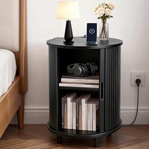 DHH Round End Table with Storage & Charging Station, Fluted Accent Side Table with Sliding Door & Adjustable Shelf, Mid-Century Nightstand for Small Spaces, Living Room, Bedroom (1, Black)