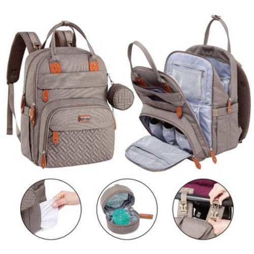 BabbleRoo Original Diaper Bag Backpack Stylish 26L Hands Free Baby Bag with Changing Pad, Stroller Straps & Water-Resistant Pañaleras, Khaki, Large