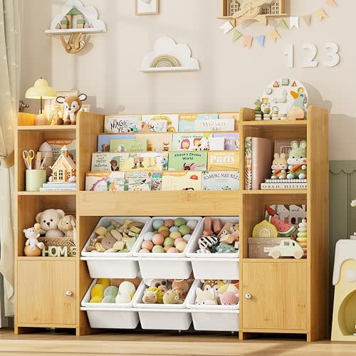 FINETONES Toy Storage Organizer with 6 Toy Bins & 4 Tier Kids Bookshelf