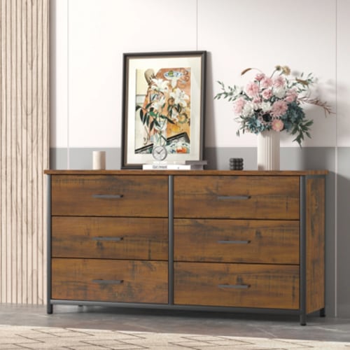 IKENO 6 Drawer Double Dresser, Industrial Wood Dresser for Bedroom, Storage Cabinet with Sturdy Steel Frame