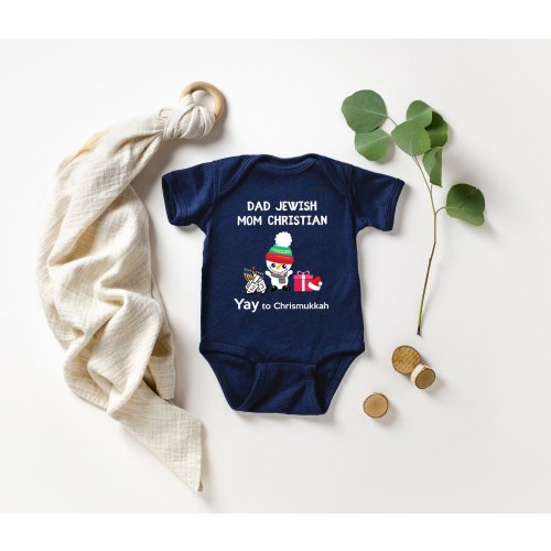 Chrismukkah Baby Outfit, Hanukkah Christmas Baby Bodysuit, Mom Christian- Dad Jewish, Baby Santa Hat & Dreidel, Chanukah Gifts For Babies