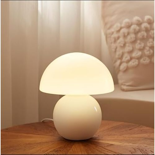 Mushroom Lamp Small Lamp, Table Bedside Nightstand Lamp for Bedroom, Cute Mini Modern Lamp Dimmable, Unique Aesthetic Home Decor for Living Room Girl Gifts, Ceramic Base Glass Lamp (White)