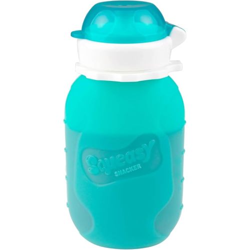 Aqua 6 oz Squeasy Snacker Spill Proof Silicone Reusable Food Pouch - for Both Soft Foods and Liquids - Water, Apple Sauce, Yogurt, Smoothies, Baby Food - Dishwasher Safe