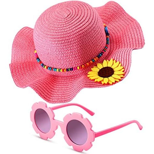 Summer Straw Hat for Girls Large Brim Sunflower Beach Hat Cute Flower Sun Hat with Flower Round Sunglasses