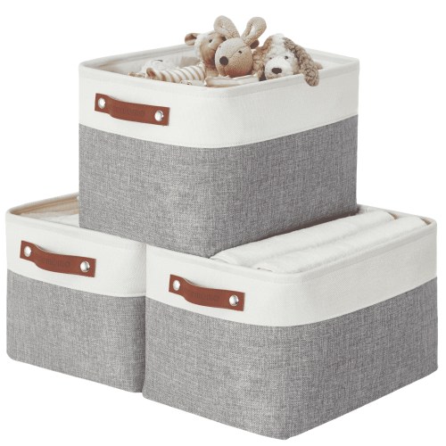 DECOMOMO Large Decorative Durable Fabric Storage Baskets and Bins, Grey and White, Set of 3
