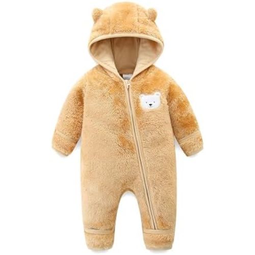 Newborn Baby Fleece Jumpsuit Unisex Infant Bear Hooded Onesie with Mitten Cuffs Winter Warm Snowsuit Outfit