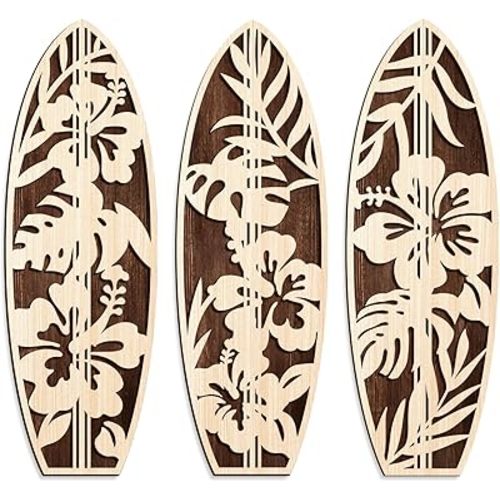 3 Pieces Hibiscus Surfboard Decor for Bedroom Wooden Beach Wall Decor Summer Wood Surfboard Wall Hanging Sign for Tropical Living Room Decoration (Beige)
