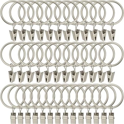 40 Pack Matte Silver Curtain Rings with Clips, Curtain Hooks Hangers Clip Rings for Hanging Drapes Bows Hat, Drapery Rings 1.5 in I D, Fits up to 1.2 in Diameter Curtain Rod.