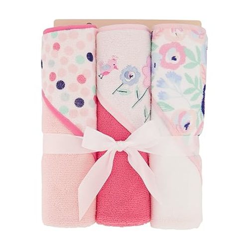 Cudlie Buttons & Stitches Baby Girl 6 Pack Rolled/Carded Hooded Towels in Blooms & Dots Print, GS71731 - Blooms and Dots - 6 Pack hooded towel
