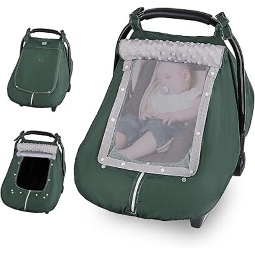 FIOBEE Baby Car Seat Cover, Car Seat Covers for Babies Infant Car Seat Canopy with Breathable Mesh Window Waterproof Carseat Cover for Babies Boy Girl 4 Seasons, Green