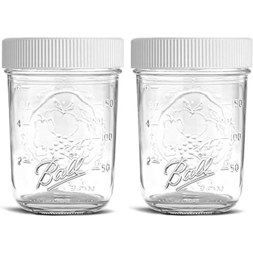 Regular Mouth Mason Jars 8 oz - (2 Pack) - Ball Regular Mouth Half Pint 8-Ounces Mason Jars with White M.E.M Food Storage Plastic Lids - For Storage, Freezing - Leak Proof, Microwave & Diswasher Safe
