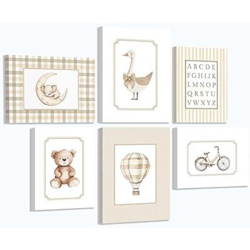 6Pcs Vintage Nursery Canvas Wall Art Funny Cute Animals Posters Print Artwork Neutral Kids Room Painting Pictures Wall Decor for Children Playroom Bedroom Home Decoration 8x10in Framed