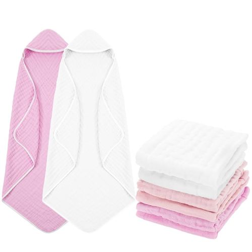 8 Pack Baby Bath Towels and Wash Cloth Set Muslin Hooded Soft 100% Cotton Baby Hooded Bath Towel Absorbent Towels Cloths for Babies, Infant, Toddler and Kids Newborn(Pink Series)