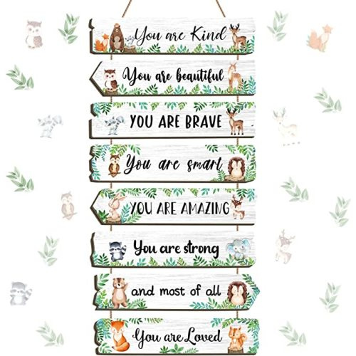 Inspirational Girl Room Decor Aesthetic Art Wall Hanging Sign Inspiring Colorful Rainbow Wooden Decoration for Kids Teens Toddler Boy Baby Bedroom Nursery Dorm Decor, 6-12 Years Old (Woodland Animal)