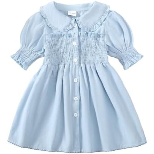 Baby Toddler Girls Dress Short Sleeve Vintage Peter Pan Collar Summer Casual Mini Cotton Linen Dresses