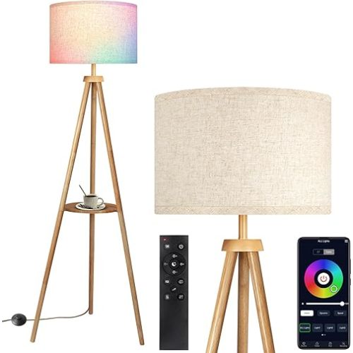 Wood Tripod Floor Lamp with Shelves, Mid Century Dimmable Floor Lamp with Remote Control, LED Tall Standing Lamp for Living Room Bedroom Office (Yellow Oak)