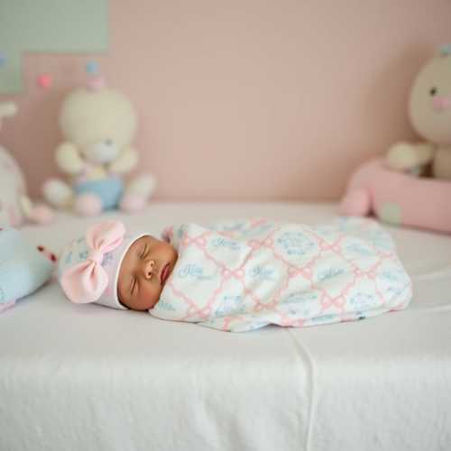 Personalized Pink Heirloom Bows Swaddle Blanket - Soft Knit, Stretchy, Large, Custom Name, Pale Pink & Blue, Perfect Baby Girl Gift