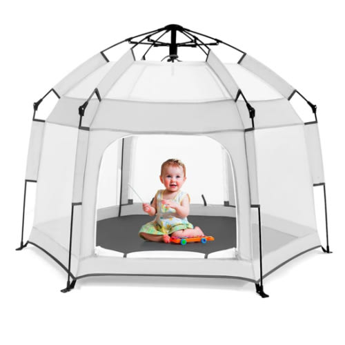 Baby Playpen with Canopy, Portable Baby Beach Tent, Toddler Play Yard Indoor and Outdoor, Foldable Mosquito Net for Infant - Light Grey