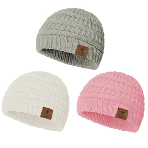American Trends Warm Baby Knit Hat Cute Cozy Chunky Winter Cap Infant Toddler Baby Beanies for Boys Girls 3 Pack White & Pink & Light Grey