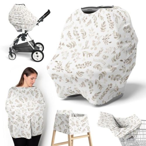 Sweet Jojo Designs Gender Neutral Unisex 5-in-1 Multi Use Baby Nursing Cover Botanical Taupe And Ivory