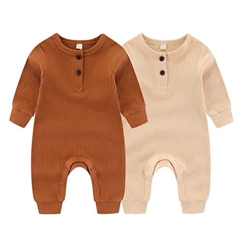 ZAV Solid Unisex Baby Boy Girl Rompers 2 Pack Long Sleeve Jumpsuits Infants Clothes Outfits